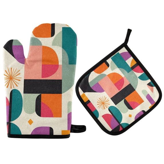 Yayeee Oven Mitts and Pot Holder Set of 2 Heat Resistant Kitchen Gloves Baking Hot Pad, Beige Abstract