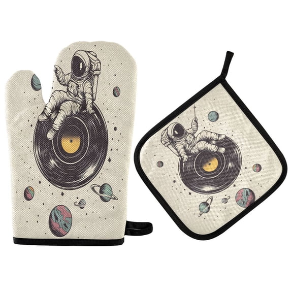 Yayeee Oven Mitts and Pot Holder Set of 2 Heat Resistant Kitchen Gloves Baking Hot Pad, Beige Astronaut Planet