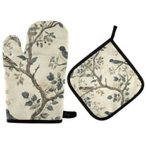 Yayeee Oven Mitts and Pot Holder Set of 2 Heat Resistant Kitchen Gloves Baking Hot Pad, Beige Birds