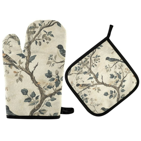 Yayeee Oven Mitts and Pot Holder Set of 2 Heat Resistant Kitchen Gloves Baking Hot Pad, Beige Birds