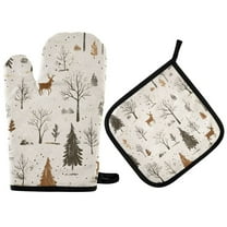 Yayeee Oven Mitts and Pot Holder Set of 2 Heat Resistant Kitchen Gloves Baking Hot Pad, Beige Christmas Forest