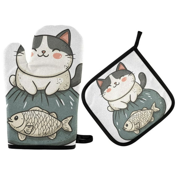 Yayeee Oven Mitts and Pot Holder Set of 2 Heat Resistant Kitchen Gloves Baking Hot Pad, Beige Cute Cat