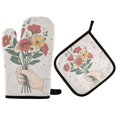 thumbnail image 1 of Yayeee Oven Mitts and Pot Holder Set of 2 Heat Resistant Kitchen Gloves Baking Hot Pad, Beige Cute Flower, 1 of 5