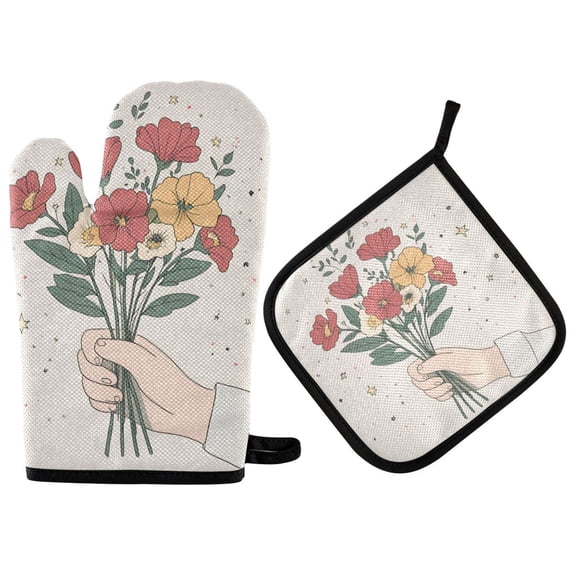 Yayeee Oven Mitts and Pot Holder Set of 2 Heat Resistant Kitchen Gloves Baking Hot Pad, Beige Cute Flower