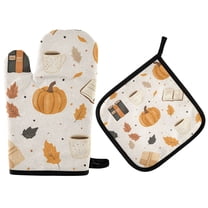 Yayeee Oven Mitts and Pot Holder Set of 2 Heat Resistant Kitchen Gloves Baking Hot Pad, Beige Fall Pumpkin