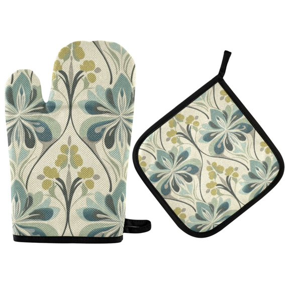 Yayeee Oven Mitts and Pot Holder Set of 2 Heat Resistant Kitchen Gloves Baking Hot Pad, Beige Floral Pattern