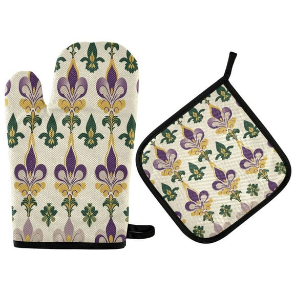 Yayeee Oven Mitts and Pot Holder Set of 2 Heat Resistant Kitchen Gloves Baking Hot Pad, Beige Floral Pattern