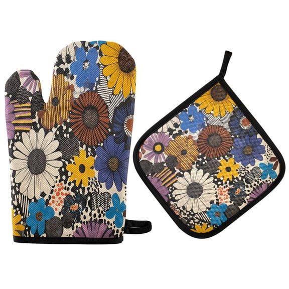 Yayeee Oven Mitts and Pot Holder Set of 2 Heat Resistant Kitchen Gloves Baking Hot Pad, Beige Flowers