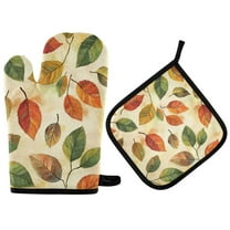 Yayeee Oven Mitts and Pot Holder Set of 2 Heat Resistant Kitchen Gloves Baking Hot Pad, Beige Leaves