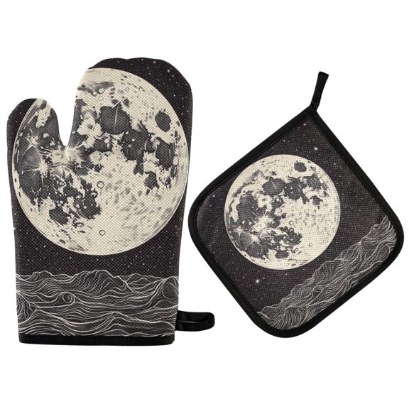 Yayeee Oven Mitts and Pot Holder Set of 2 Heat Resistant Kitchen Gloves Baking Hot Pad, Beige Moon