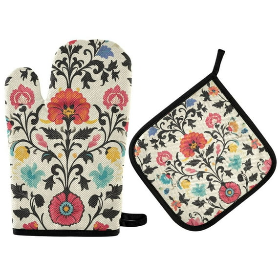 Yayeee Oven Mitts and Pot Holder Set of 2 Heat Resistant Kitchen Gloves Baking Hot Pad, Beige Red Floral