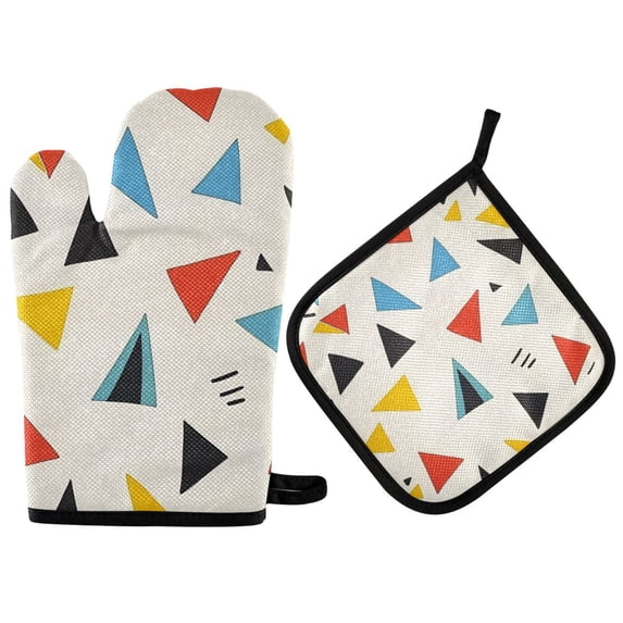 Yayeee Oven Mitts and Pot Holder Set of 2 Heat Resistant Kitchen Gloves Baking Hot Pad, Beige Triangles