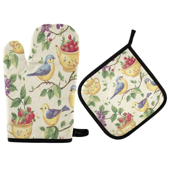 Yayeee Oven Mitts and Pot Holder Set of 2 Heat Resistant Kitchen Gloves Baking Hot Pad, Birds with Strawberries