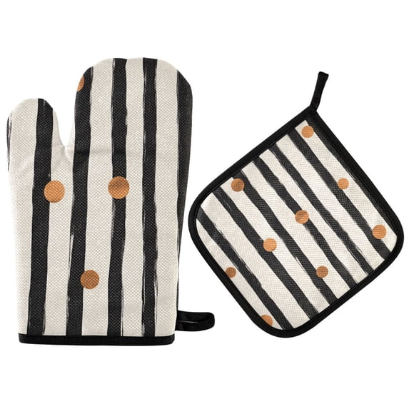 Yayeee Oven Mitts and Pot Holder Set of 2 Heat Resistant Kitchen Gloves Baking Hot Pad, Black Abstract Stripes