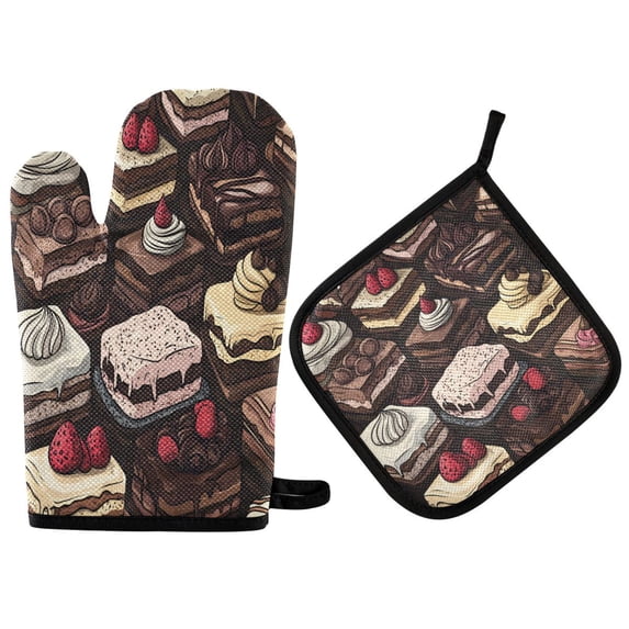 Yayeee Oven Mitts and Pot Holder Set of 2 Heat Resistant Kitchen Gloves Baking Hot Pad, Black Chocolate Cakes