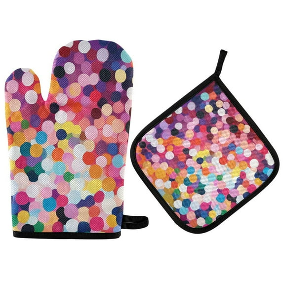 Yayeee Oven Mitts and Pot Holder Set of 2 Heat Resistant Kitchen Gloves Baking Hot Pad, Black Colorful Circles