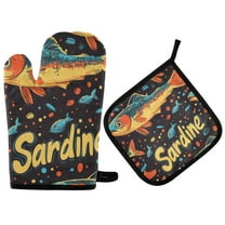 Yayeee Oven Mitts and Pot Holder Set of 2 Heat Resistant Kitchen Gloves Baking Hot Pad, Black Sardines Pattern