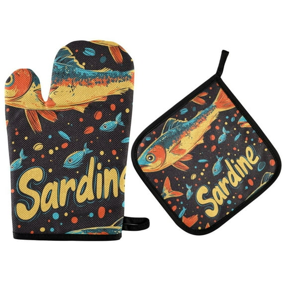 Yayeee Oven Mitts and Pot Holder Set of 2 Heat Resistant Kitchen Gloves Baking Hot Pad, Black Sardines Pattern