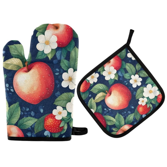 Yayeee Oven Mitts and Pot Holder Set of 2 Heat Resistant Kitchen Gloves Baking Hot Pad, Blue Apple Pattern