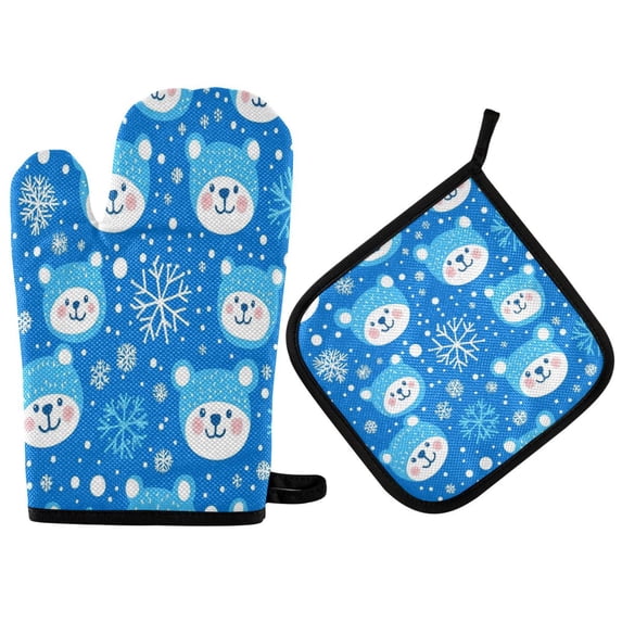 Yayeee Oven Mitts and Pot Holder Set of 2 Heat Resistant Kitchen Gloves Baking Hot Pad, Blue Bears