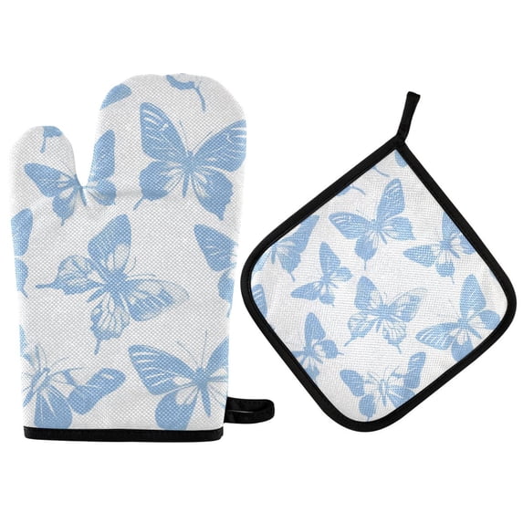 Yayeee Oven Mitts and Pot Holder Set of 2 Heat Resistant Kitchen Gloves Baking Hot Pad, Blue Butterfly