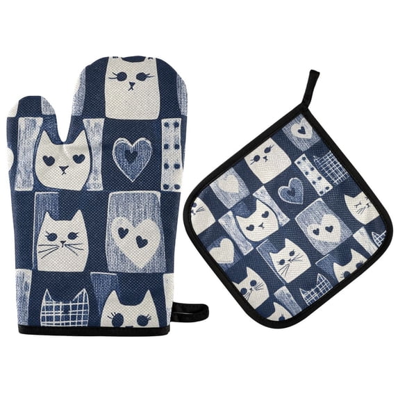 Yayeee Oven Mitts and Pot Holder Set of 2 Heat Resistant Kitchen Gloves Baking Hot Pad, Blue Cats and Hearts