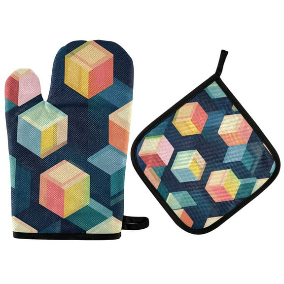 Yayeee Oven Mitts and Pot Holder Set of 2 Heat Resistant Kitchen Gloves Baking Hot Pad, Blue Cubes