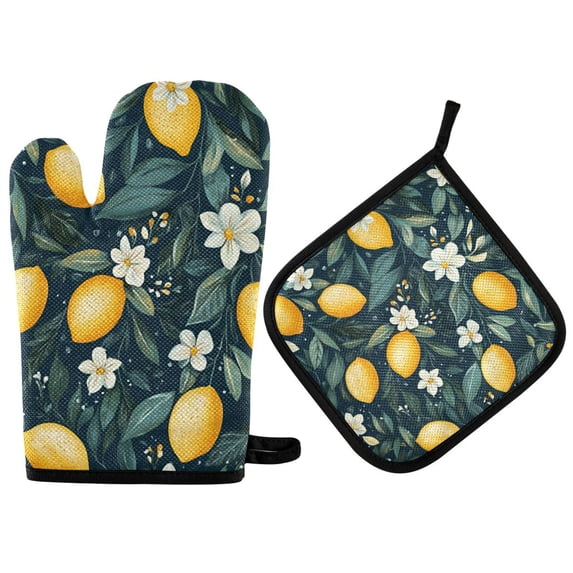 Yayeee Oven Mitts and Pot Holder Set of 2 Heat Resistant Kitchen Gloves Baking Hot Pad, Blue Floral Lemons