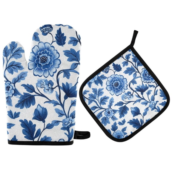 Yayeee Oven Mitts and Pot Holder Set of 2 Heat Resistant Kitchen Gloves Baking Hot Pad, Blue Floral Pattern