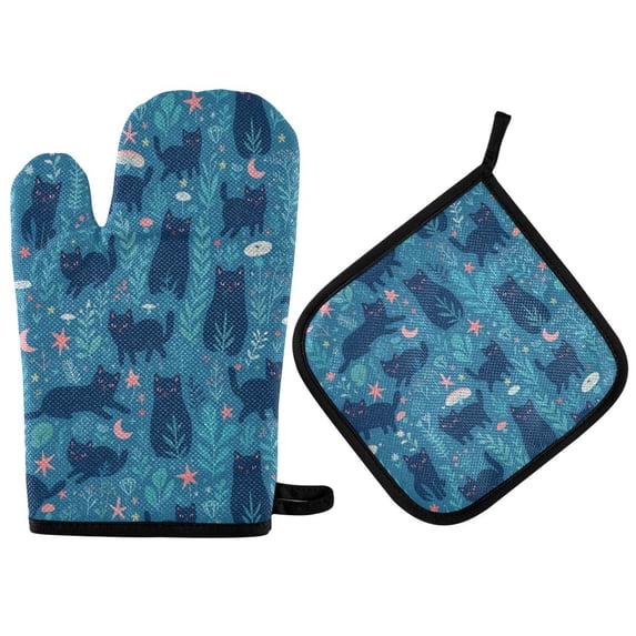Yayeee Oven Mitts and Pot Holder Set of 2 Heat Resistant Kitchen Gloves Baking Hot Pad, Blue Forest Cat Pattern