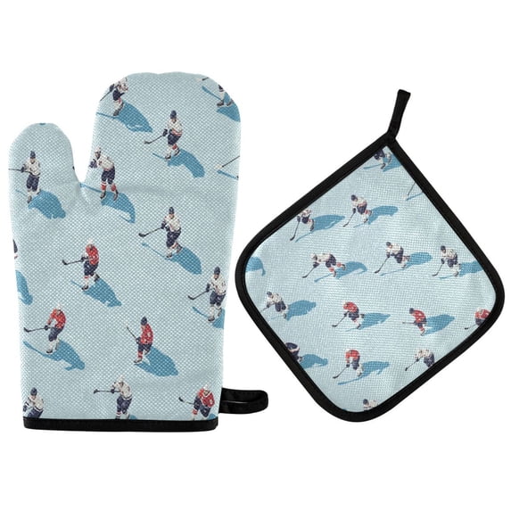 Yayeee Oven Mitts and Pot Holder Set of 2 Heat Resistant Kitchen Gloves Baking Hot Pad, Blue Ice Hockey