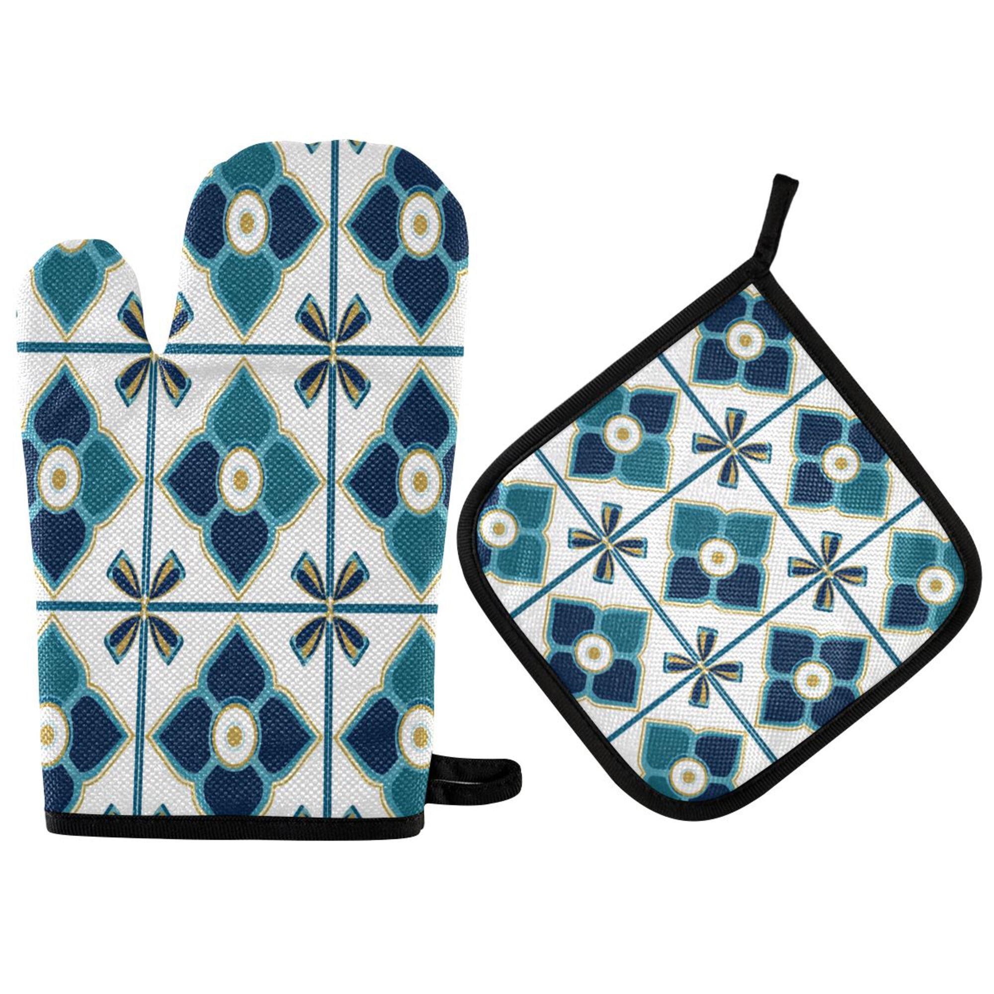 Yayeee Oven Mitts and Pot Holder Set of 2 Heat Resistant Kitchen Gloves Baking Hot Pad, Blue Mosaic Pattern