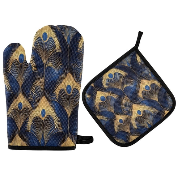 Yayeee Oven Mitts and Pot Holder Set of 2 Heat Resistant Kitchen Gloves Baking Hot Pad, Blue Peacock Feathers Pattern
