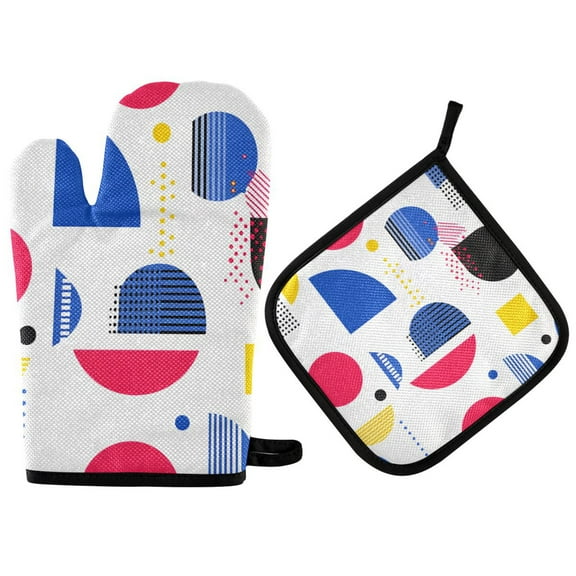 Yayeee Oven Mitts and Pot Holder Set of 2 Heat Resistant Kitchen Gloves Baking Hot Pad, Blue Retro Shapes