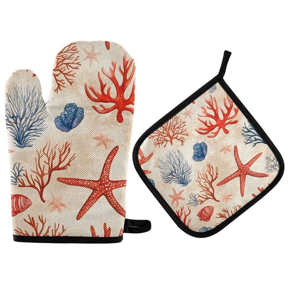 Yayeee Oven Mitts and Pot Holder Set of 2 Heat Resistant Kitchen Gloves Baking Hot Pad, Blue Starfish