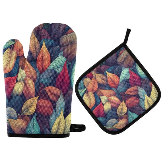 Yayeee Oven Mitts and Pot Holder Set of 2 Heat Resistant Kitchen Gloves Baking Hot Pad, Blue Vibrant Leaves Pattern