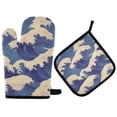 thumbnail image 1 of Yayeee Oven Mitts and Pot Holder Set of 2 Heat Resistant Kitchen Gloves Baking Hot Pad, Blue Wave Pattern, 1 of 5