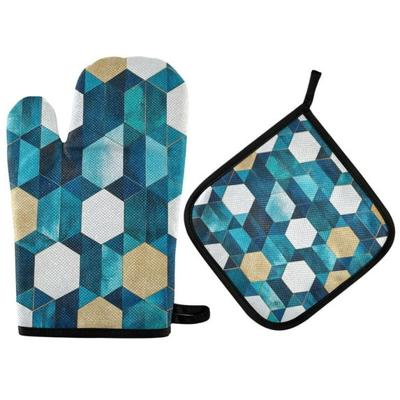 Yayeee Oven Mitts and Pot Holder Set of 2 Heat Resistant Kitchen Gloves Baking Hot Pad, Blue White Geometric Patterns