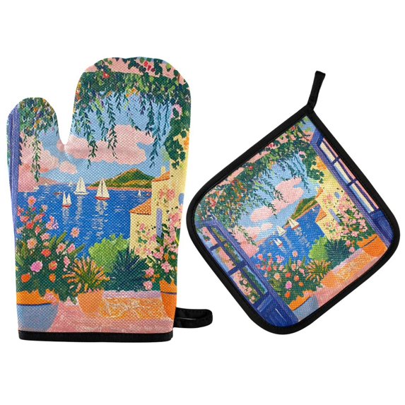 Yayeee Oven Mitts and Pot Holder Set of 2 Heat Resistant Kitchen Gloves Baking Hot Pad, Blue Window