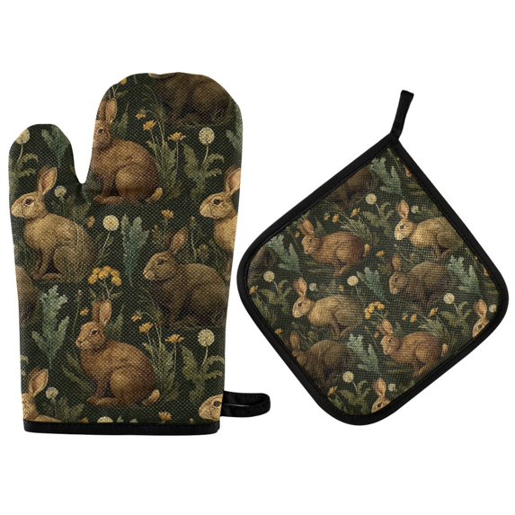 Yayeee Oven Mitts and Pot Holder Set of 2 Heat Resistant Kitchen Gloves Baking Hot Pad, Brown Floral Rabbits Pattern