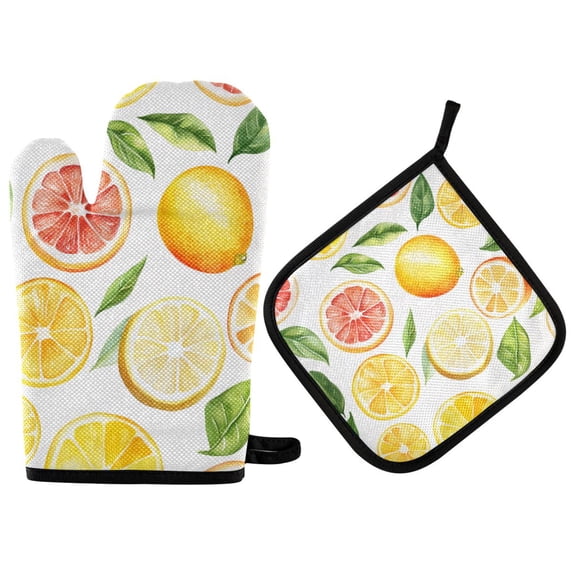 Yayeee Oven Mitts and Pot Holder Set of 2 Heat Resistant Kitchen Gloves Baking Hot Pad, Candy Lemon
