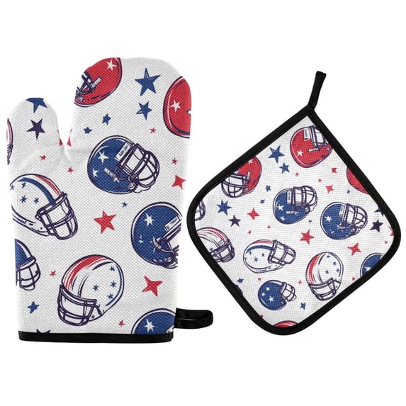 Yayeee Oven Mitts and Pot Holder Set of 2 Heat Resistant Kitchen Gloves Baking Hot Pad, Cartoon American Football Helmets