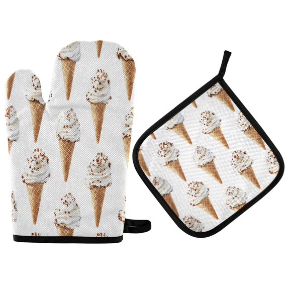 Yayeee Oven Mitts and Pot Holder Set of 2 Heat Resistant Kitchen Gloves Baking Hot Pad, Cartoon Ice Cream Pattern
