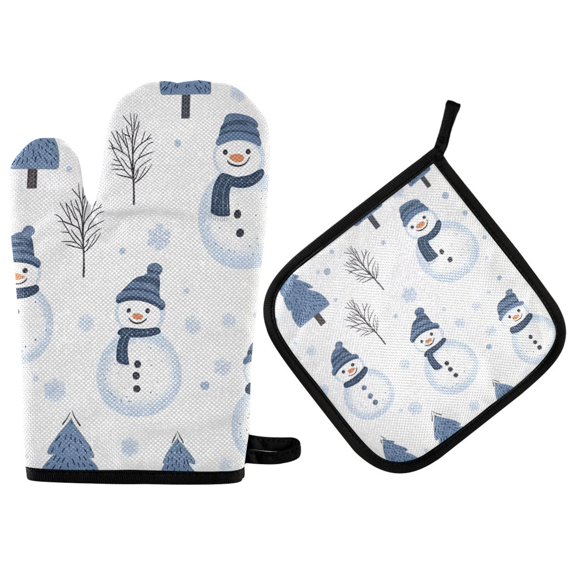 Yayeee Oven Mitts and Pot Holder Set of 2 Heat Resistant Kitchen Gloves Baking Hot Pad, Cartoon Snowmen