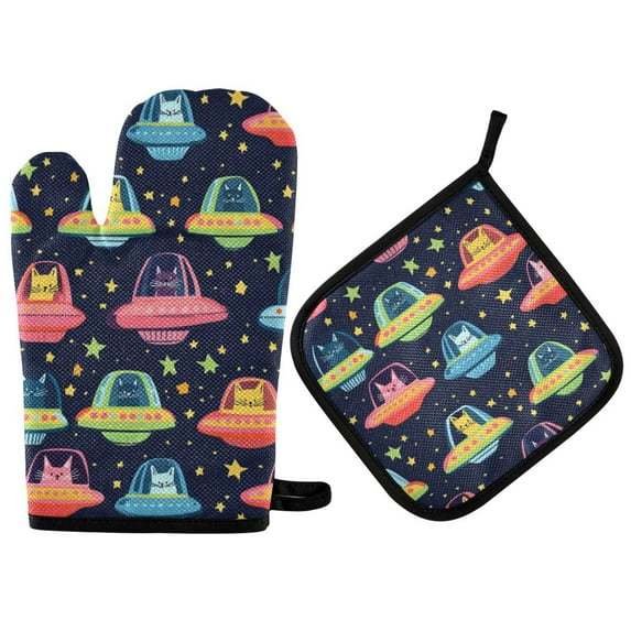 Yayeee Oven Mitts and Pot Holder Set of 2 Heat Resistant Kitchen Gloves Baking Hot Pad, Cartoon Space Cat