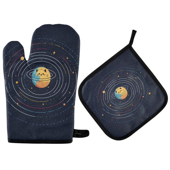 Yayeee Oven Mitts and Pot Holder Set of 2 Heat Resistant Kitchen Gloves Baking Hot Pad, Cat Planet