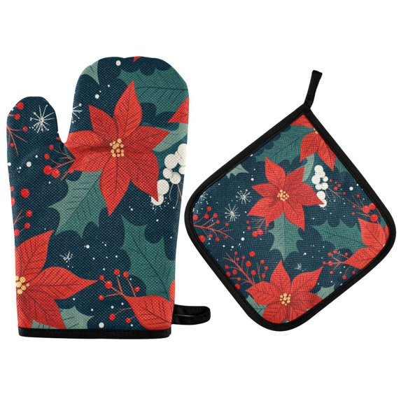 Yayeee Oven Mitts and Pot Holder Set of 2 Heat Resistant Kitchen Gloves Baking Hot Pad, Christmas Berries