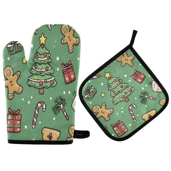Yayeee Oven Mitts and Pot Holder Set of 2 Heat Resistant Kitchen Gloves Baking Hot Pad, Christmas Cookies