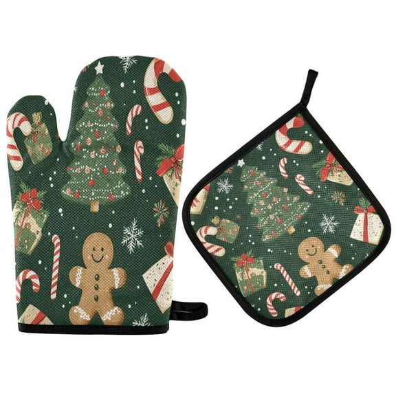 Yayeee Oven Mitts and Pot Holder Set of 2 Heat Resistant Kitchen Gloves Baking Hot Pad, Christmas Gift Pattern