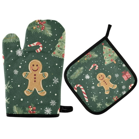 Yayeee Oven Mitts and Pot Holder Set of 2 Heat Resistant Kitchen Gloves Baking Hot Pad, Christmas Gingerbread